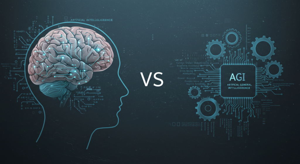 Comparación conceptual entre la AGI (Inteligencia Artificial General) y la IA tradicional, mostrando un cerebro humano conectado a tecnología y algoritmos específicos.