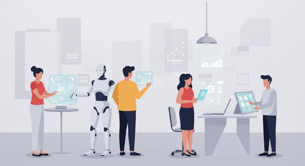 Personas interactuando con tecnología de inteligencia artificial, incluyendo un robot humanoide y pantallas holográficas en un entorno moderno y limpio.