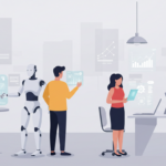 Personas interactuando con tecnología de inteligencia artificial, incluyendo un robot humanoide y pantallas holográficas en un entorno moderno y limpio.